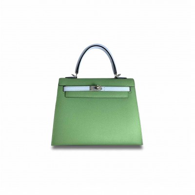 HERMÈS KELLY 25 EPSOM LEATHER AVOCADO GREEN AND HAZE BLUE SILVER BUCKLE (25*17*7cm) 